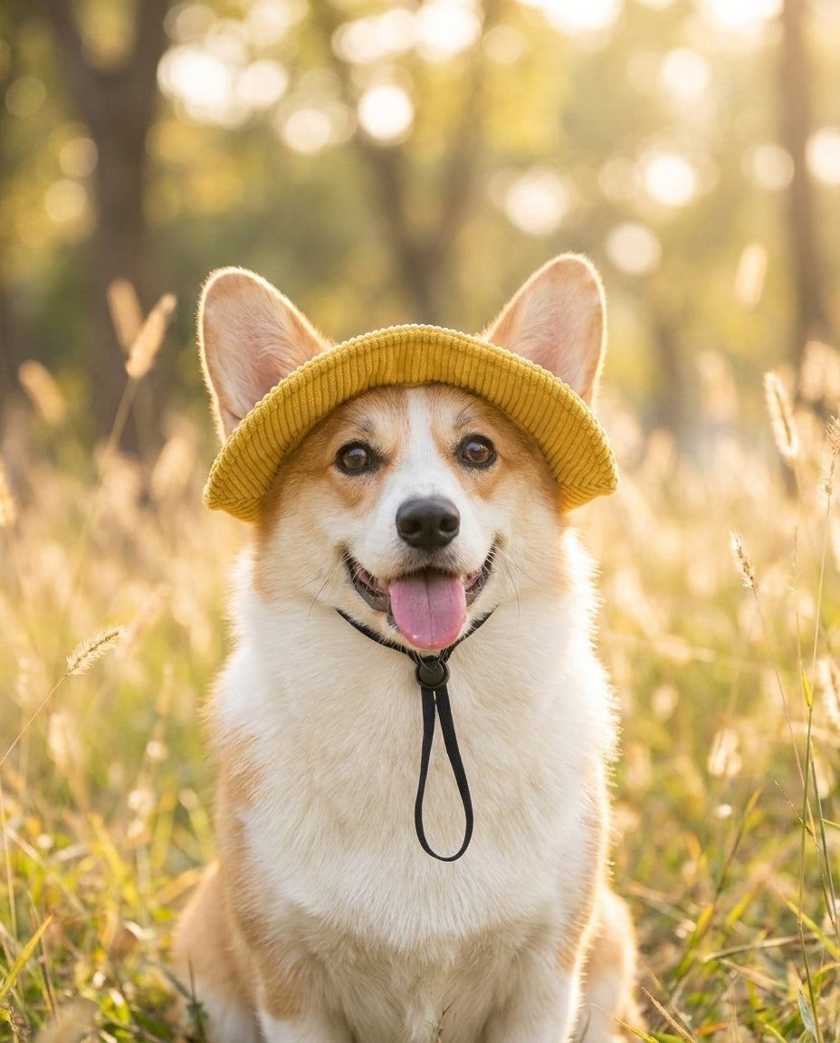Corgi con cappellino da sole giallo a tesa larga in un prato al tramonto