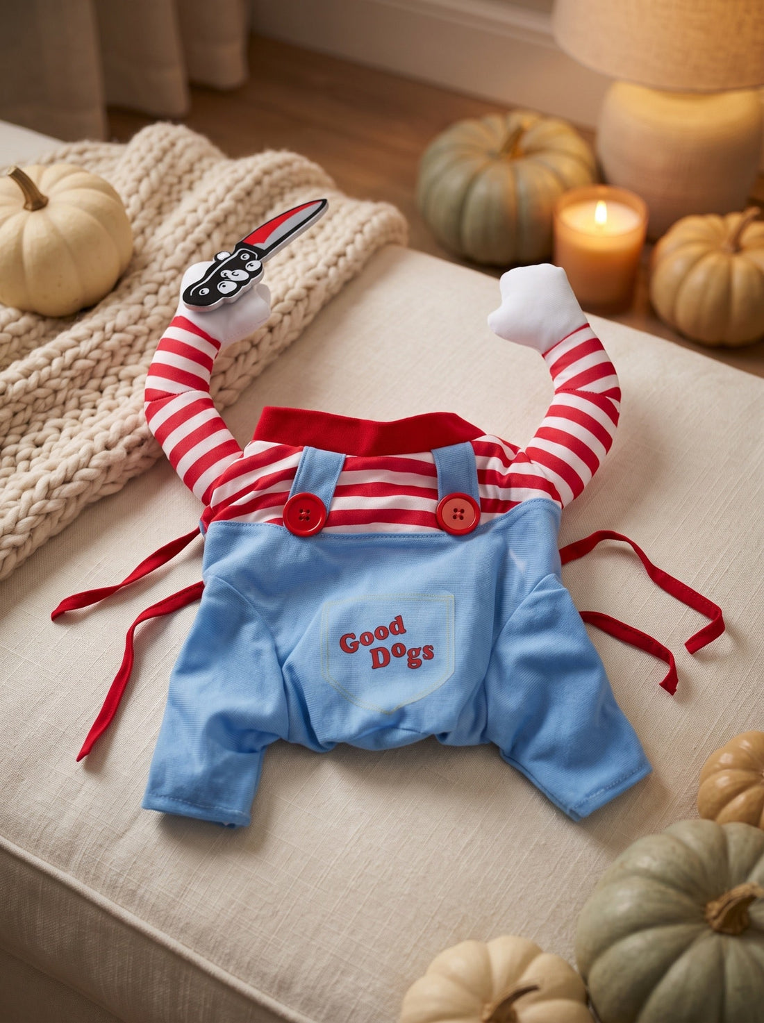 The Good Dog Halloween Costume close-up in a cozy Halloween setting