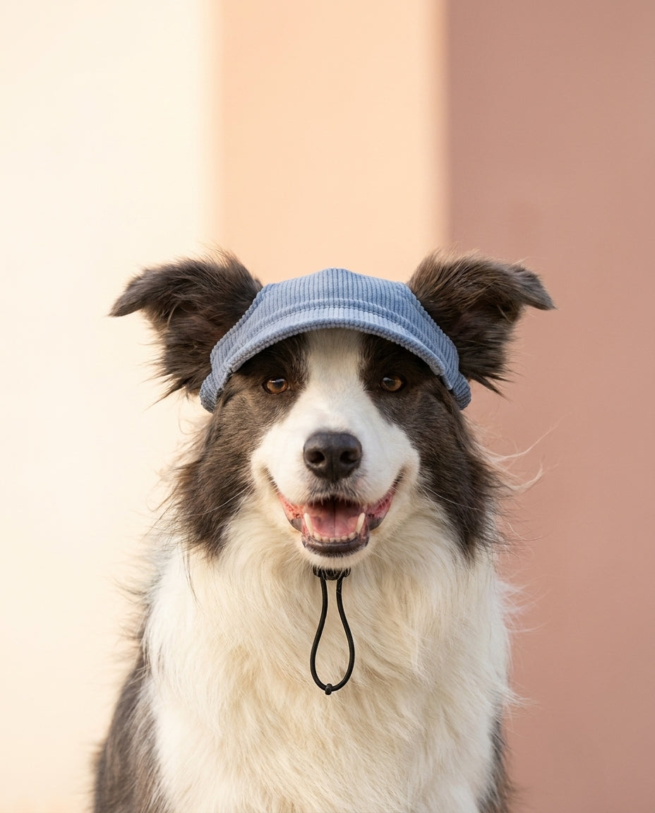 Cane con cappellino da sole blu, ritratto ravvicinato