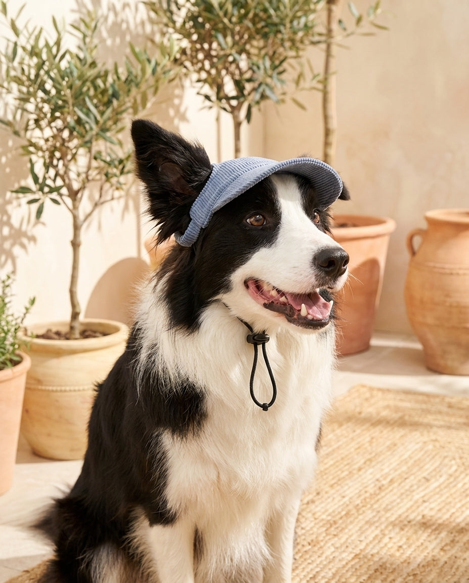 Border collie con cappellino blu in un giardino mediterraneo