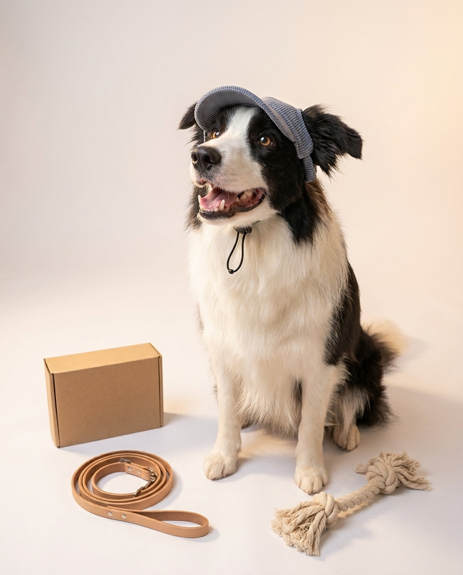 Border collie con cappellino blu accanto alla confezione del prodotto