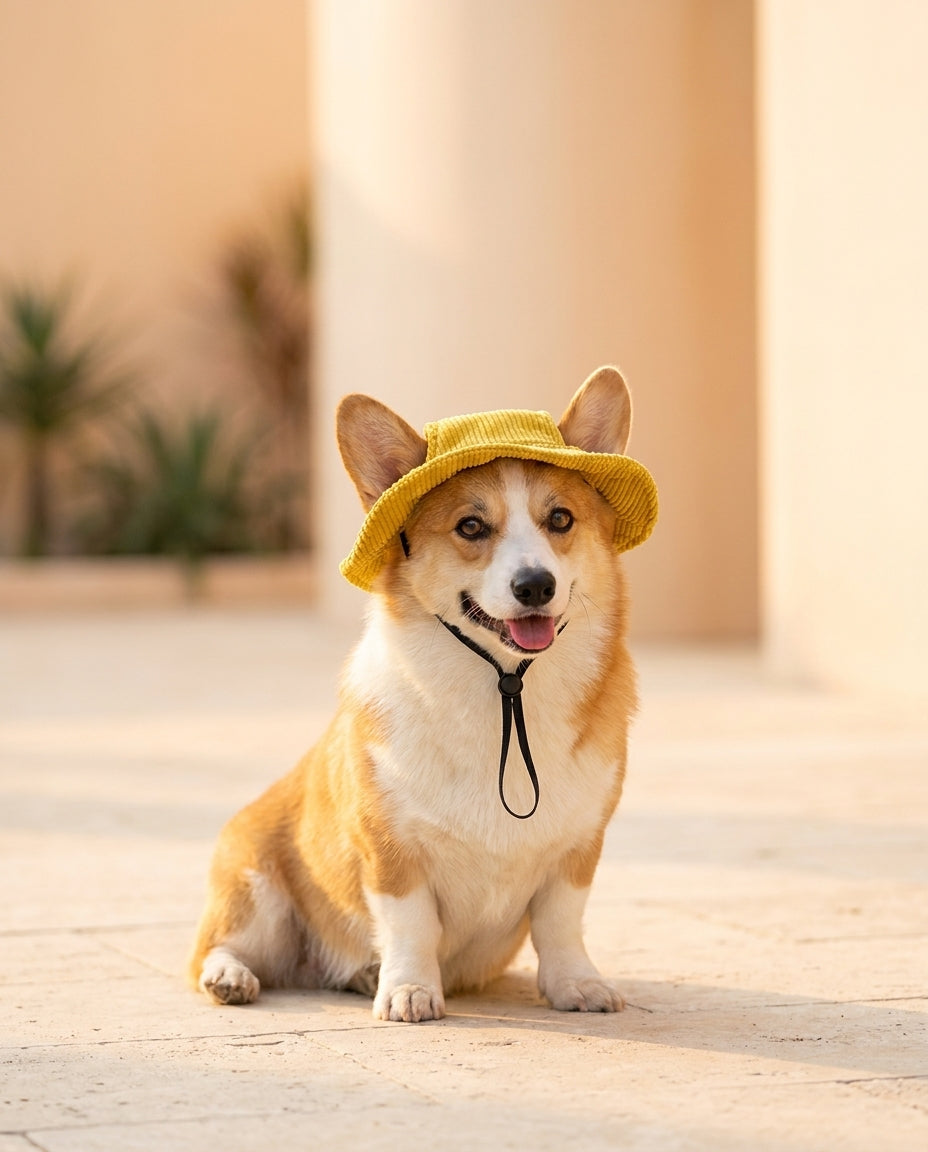 Cane con cappellino giallo all'ombra di un portico in estate