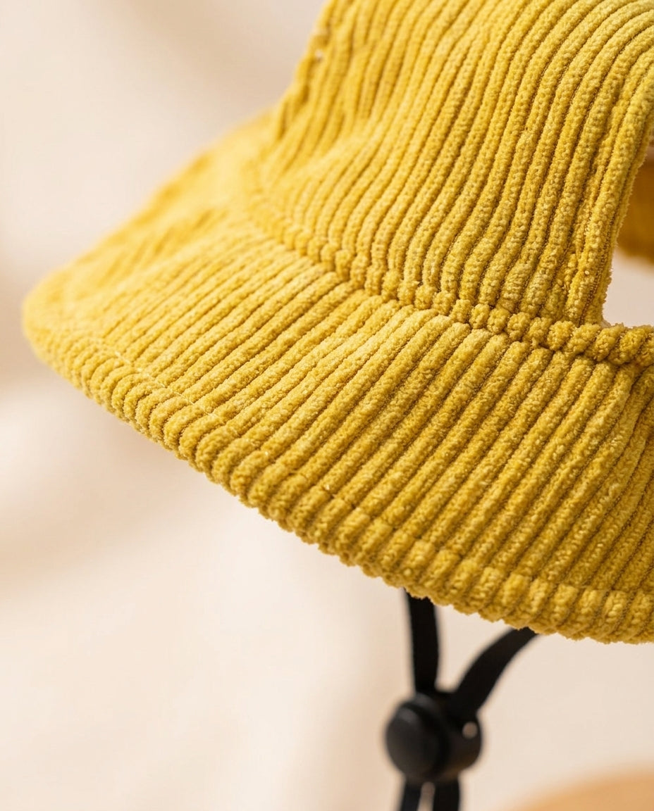 Dettaglio del velluto a coste giallo e della tesa del cappellino per cani