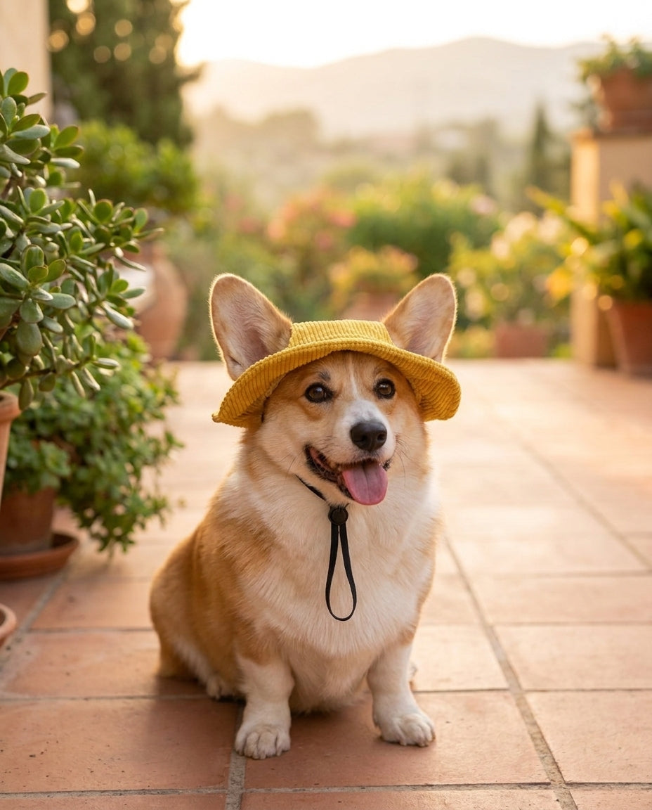 Corgi seduto in giardino con il cappellino da sole giallo