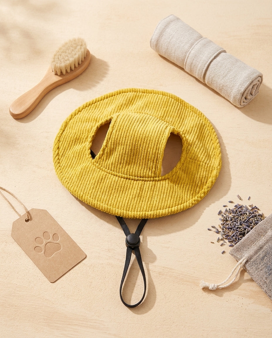 Cappellino da sole giallo per cani con i due fori per le orecchie e il sottogola regolabile