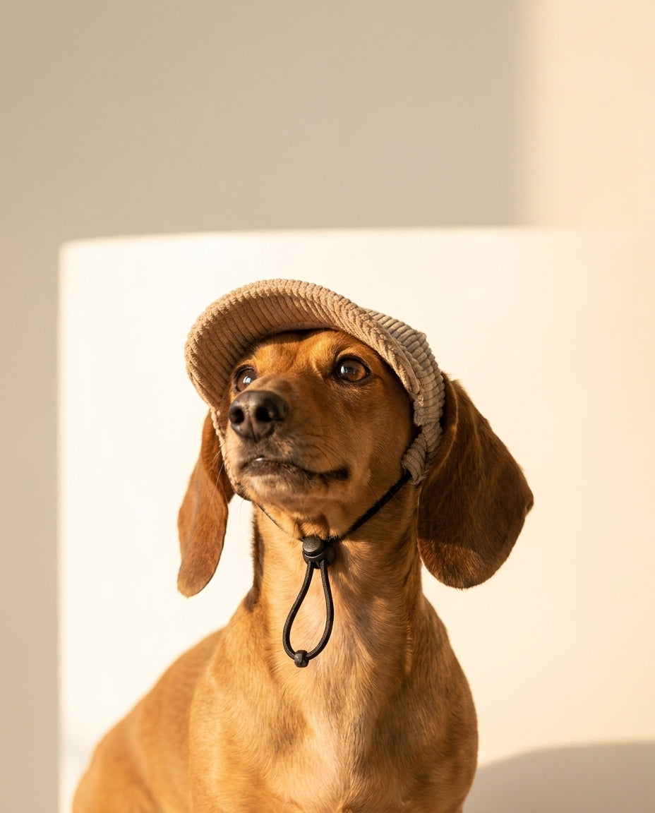 Ritratto ravvicinato di cane con cappellino da sole kaki