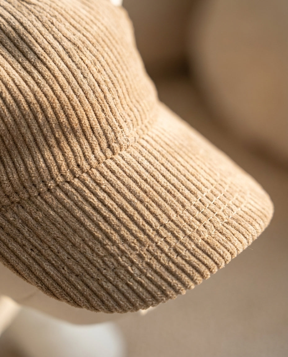 Dettaglio del velluto a coste kaki del cappellino per cani