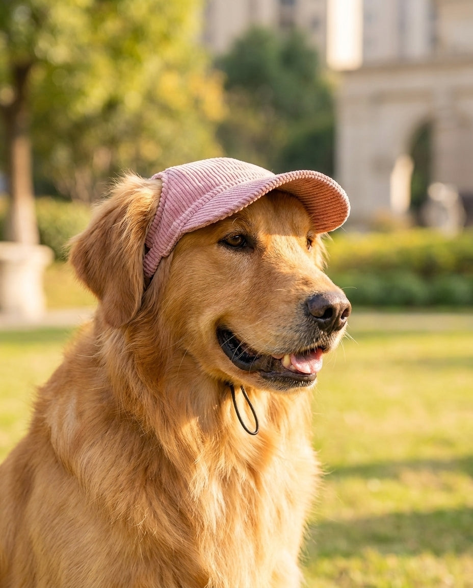Cane con cappellino da sole rosa durante una passeggiata estiva