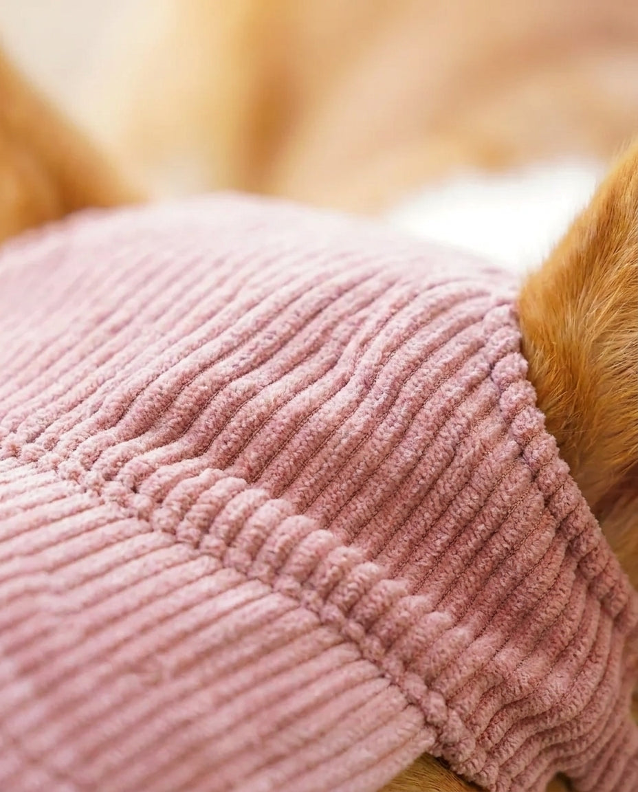 Dettaglio del velluto a coste rosa del cappellino per cani