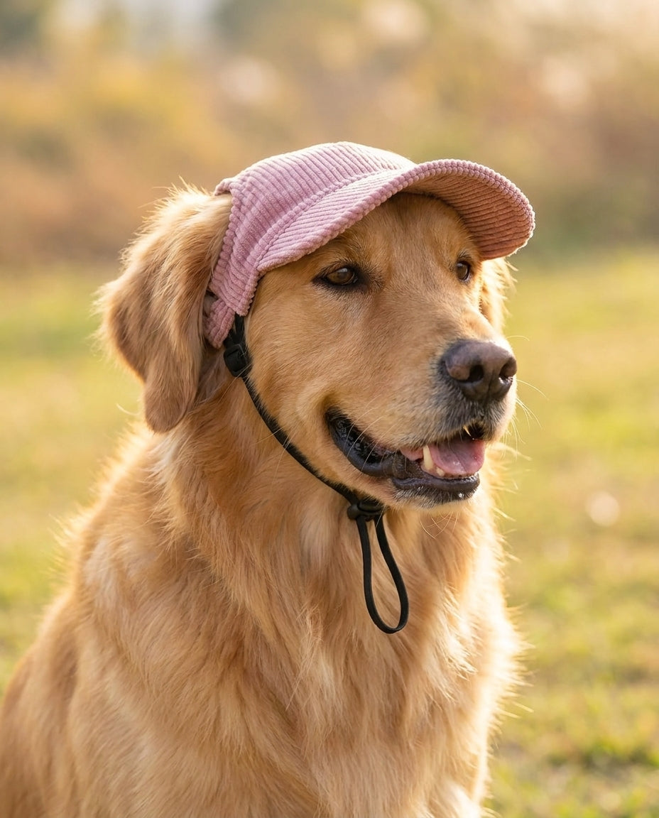 Golden retriever con cappellino da sole rosa in un prato