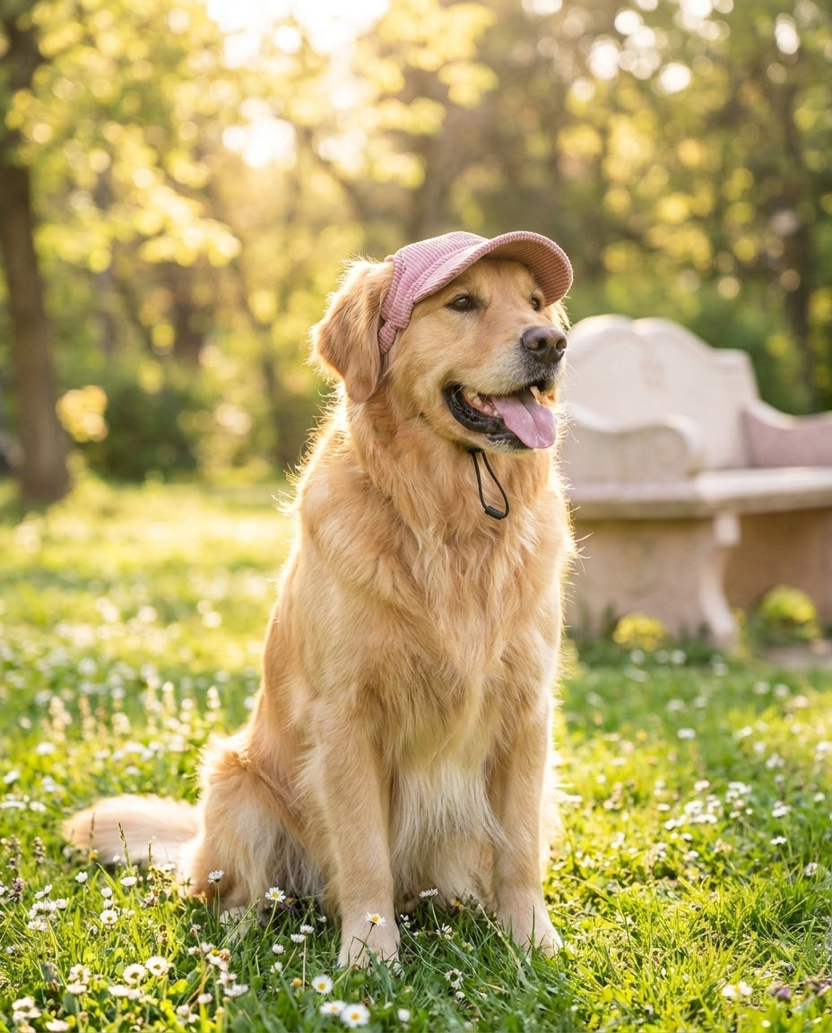 Golden retriever seduto al parco con il cappellino rosa
