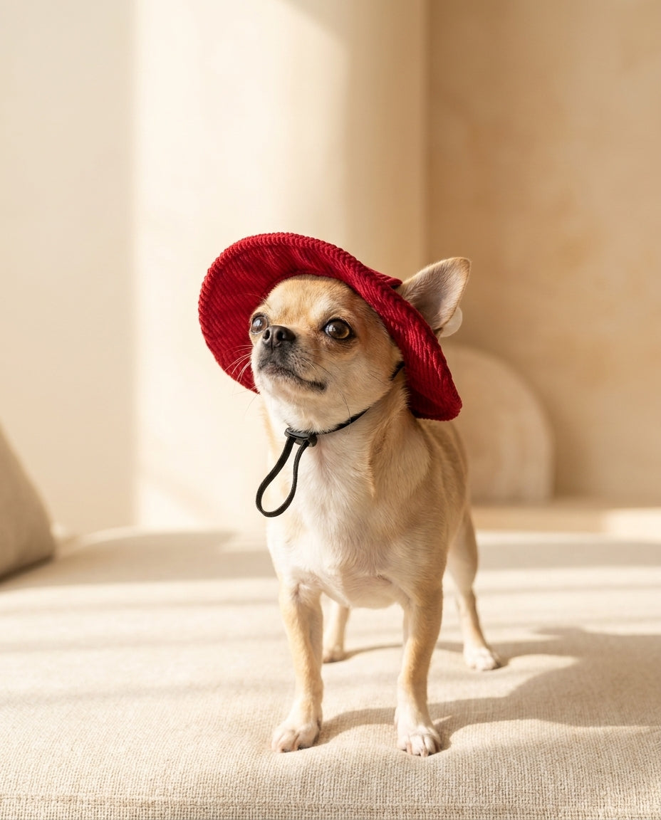 Ritratto ravvicinato di cane con cappellino da sole rosso