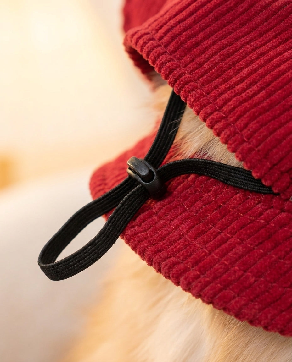 Dettaglio del velluto a coste rosso del cappellino per cani