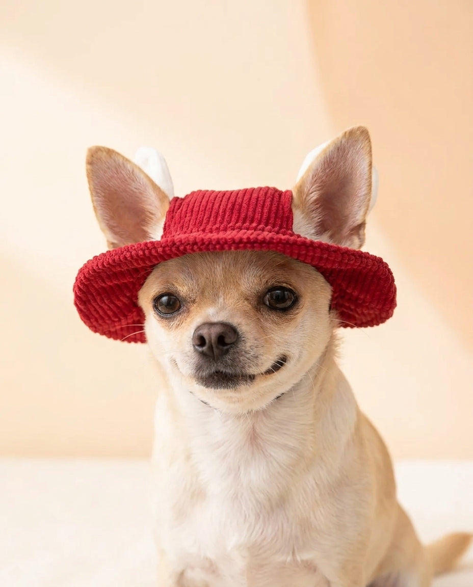 Cane con cappellino da sole rosso a tesa larga