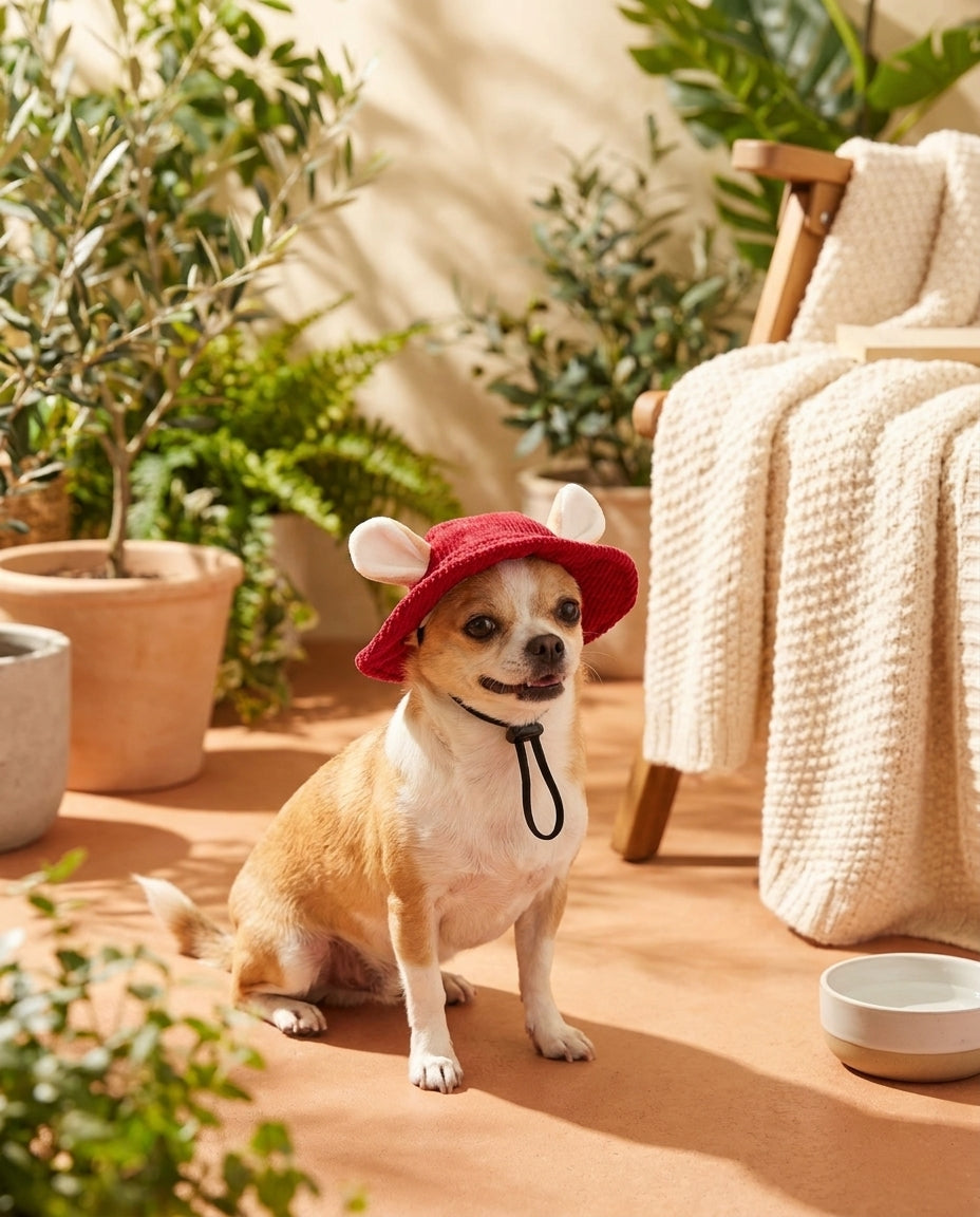 Cane con cappellino rosso durante una passeggiata estiva
