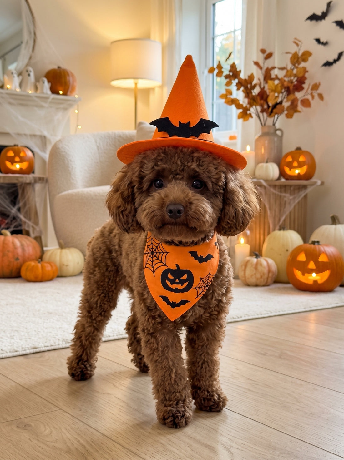 Brown toy poodle wearing Halloween hat and orange bandana