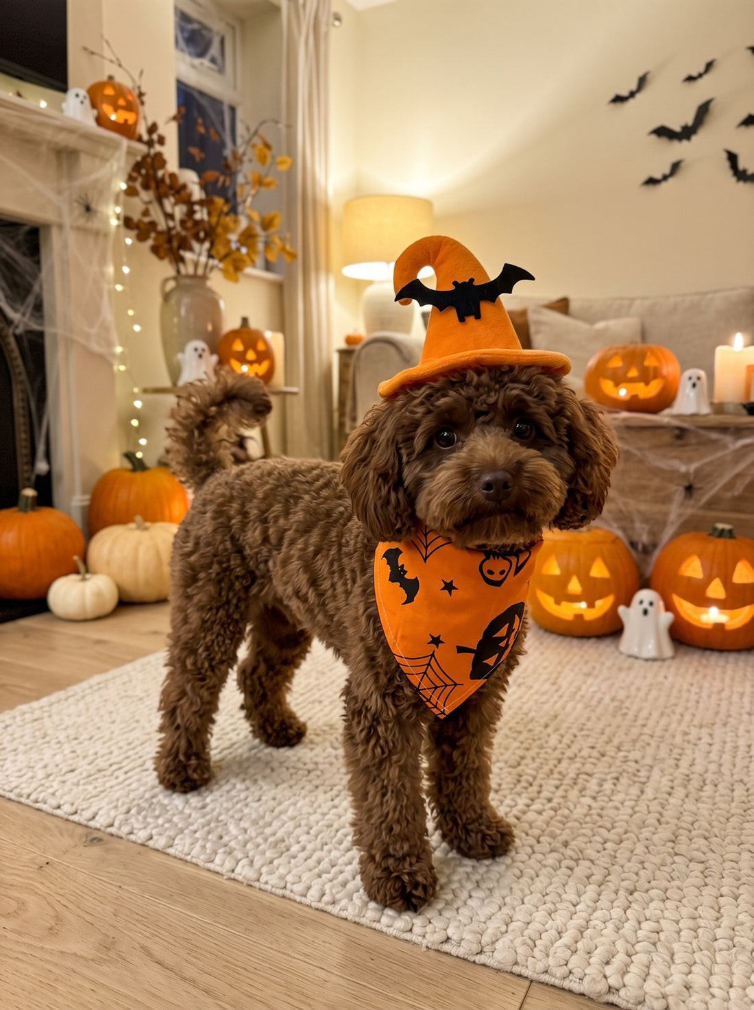 Brown toy poodle wearing Halloween hat and orange bandana