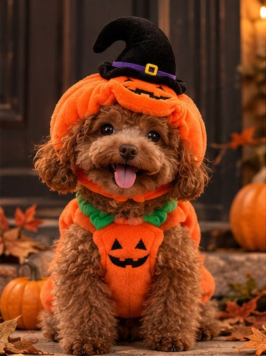 Brown toy poodle wearing Pumpkin Parade Dog Costume, front view