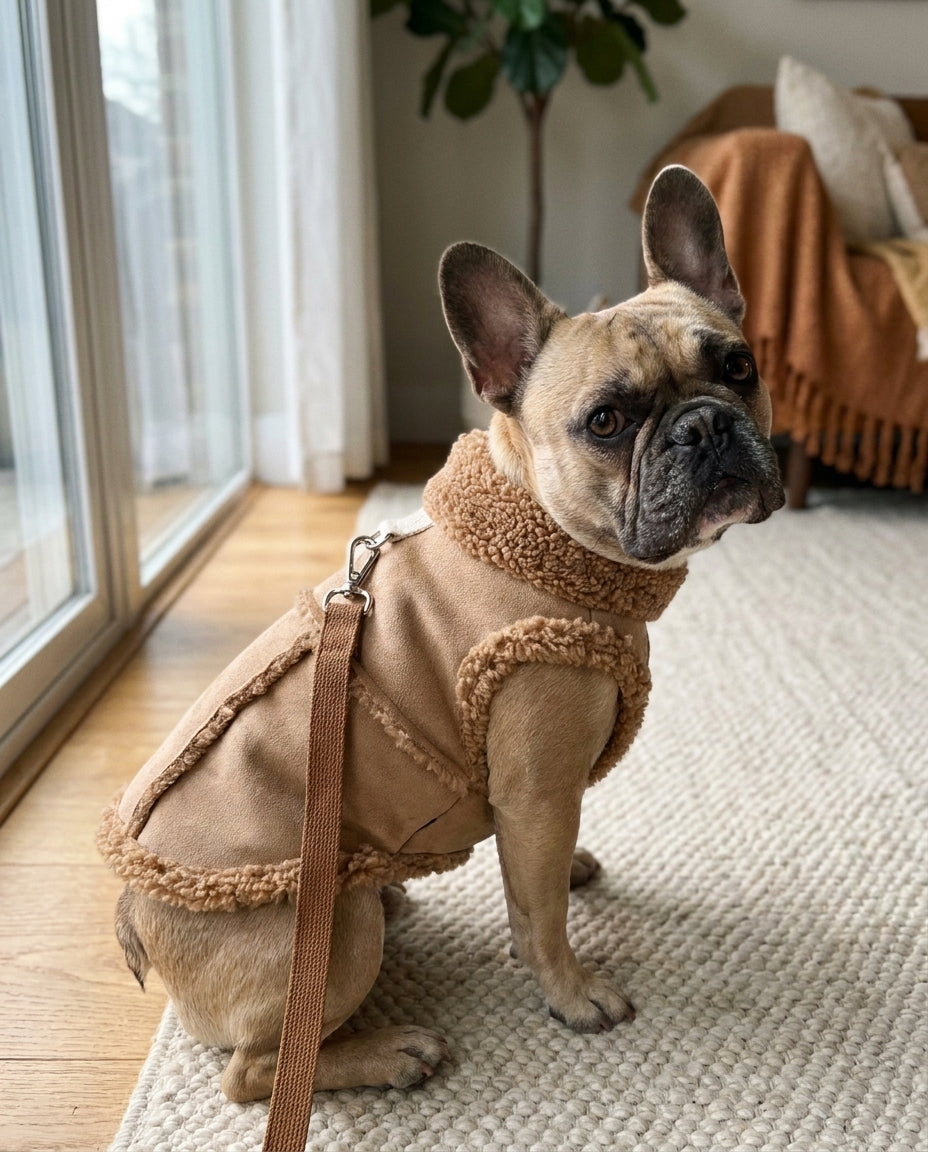 Camel dog vest, sherpa collar standing up against the wind