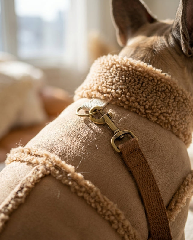 Close-up of the sherpa trim and chest D-ring on the winter vest