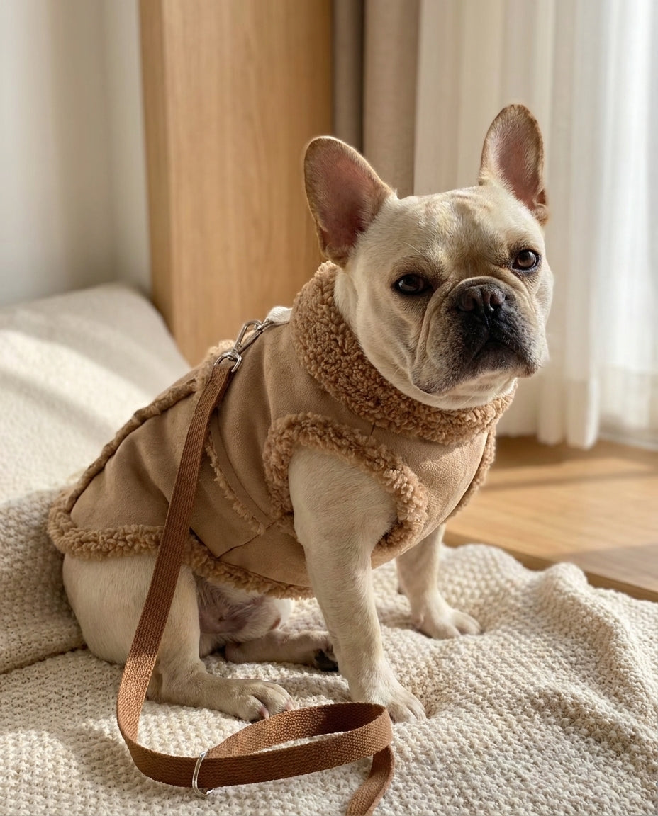 Camel sherpa dog vest photographed on a dog outdoors