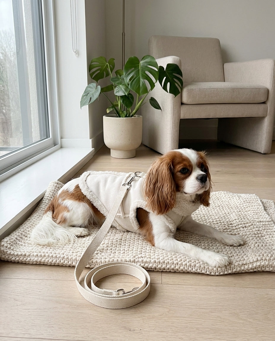 Cream sherpa-collar dog vest, lifestyle shot at home