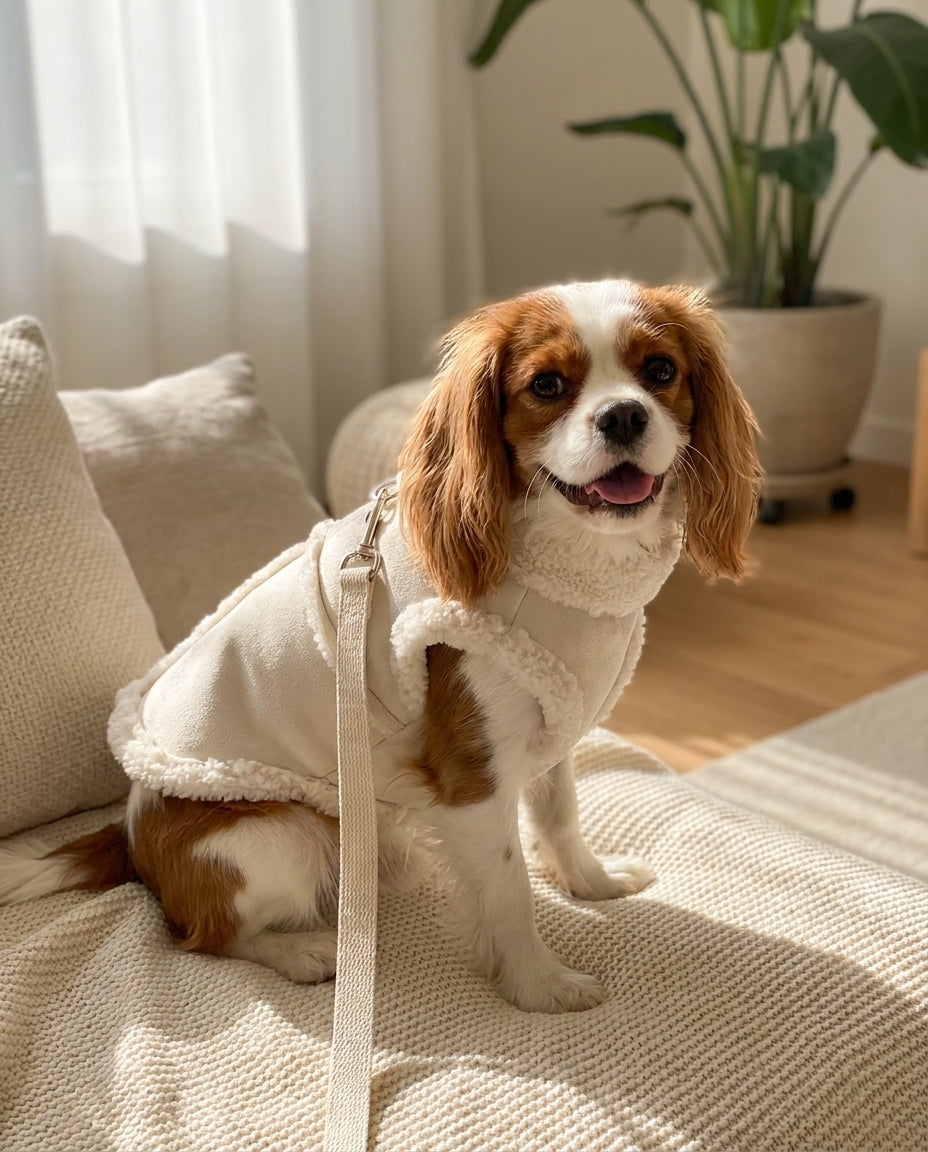 Cream dog vest, sherpa collar standing up against the wind