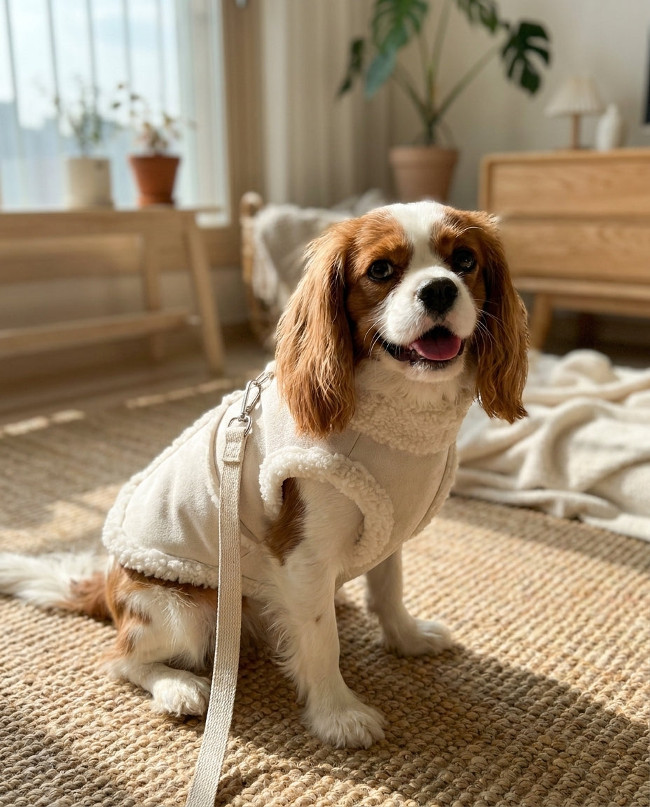 Cream sherpa dog vest photographed on a dog outdoors