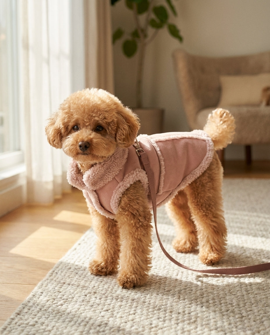 Dog wearing the dusty pink sherpa-collar winter vest indoors, full length