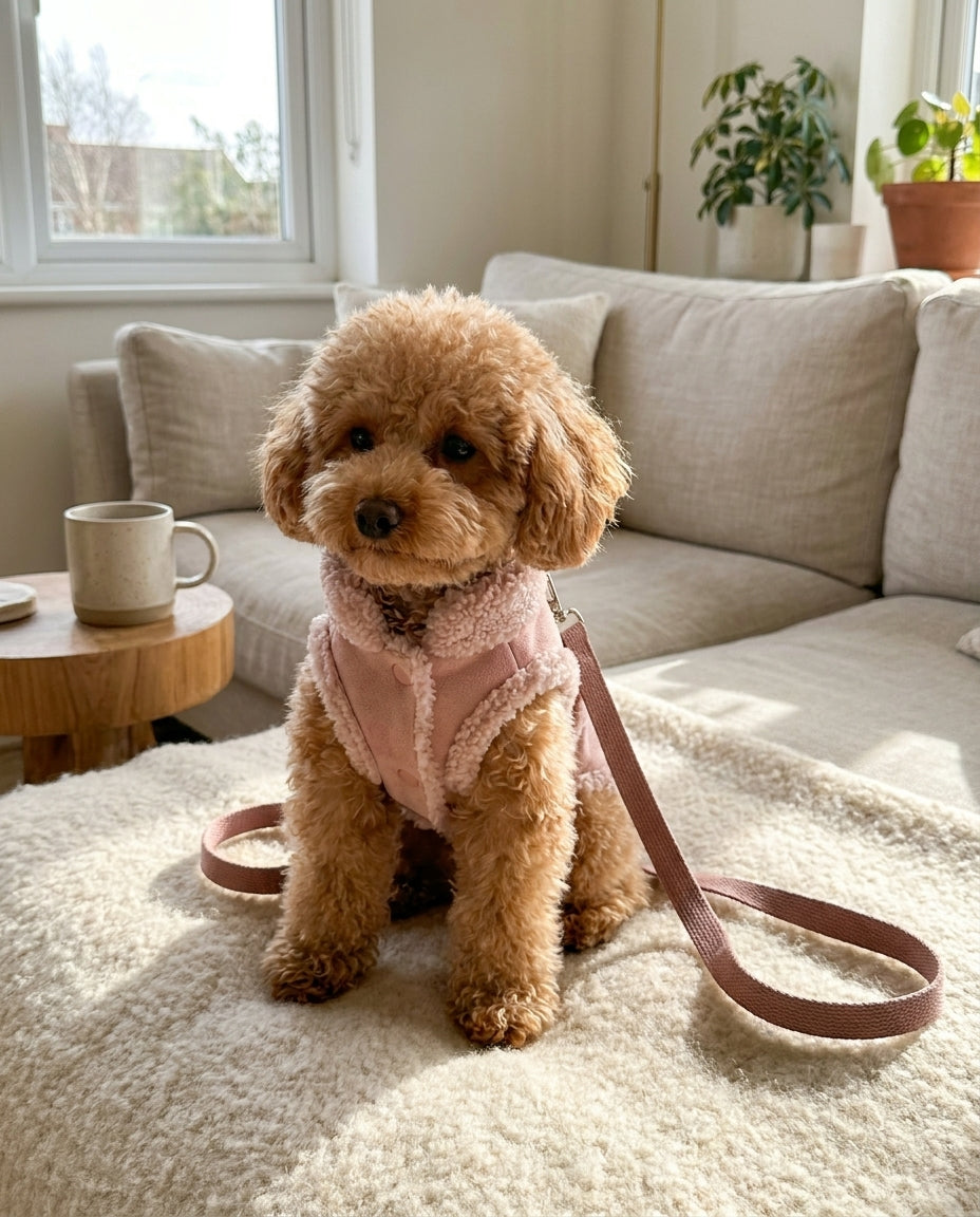 Dusty pink sherpa-collar dog vest, lifestyle shot at home