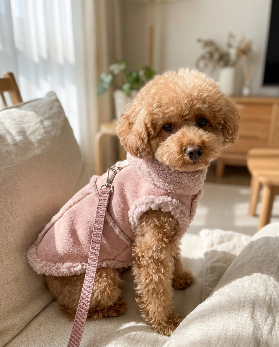 Dusty pink dog vest, sherpa collar standing up against the wind