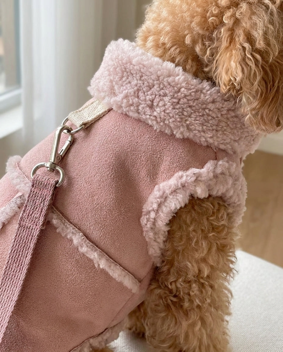 Close-up of the sherpa trim and chest D-ring on the dusty pink dog vest