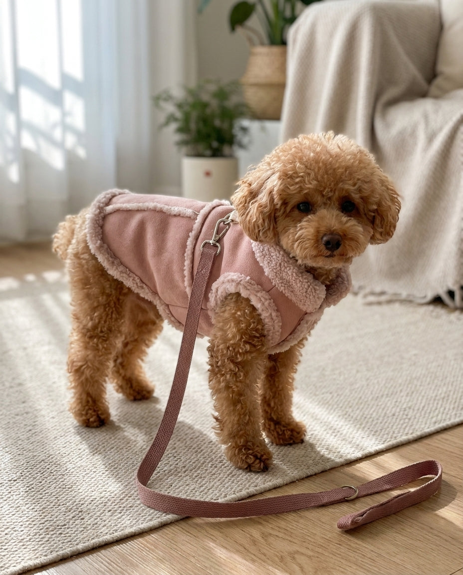 Dusty pink sherpa dog vest photographed on a dog outdoors