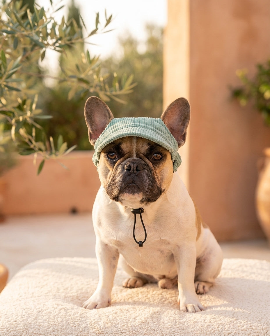 Cane con cappellino da sole verde acqua durante una passeggiata