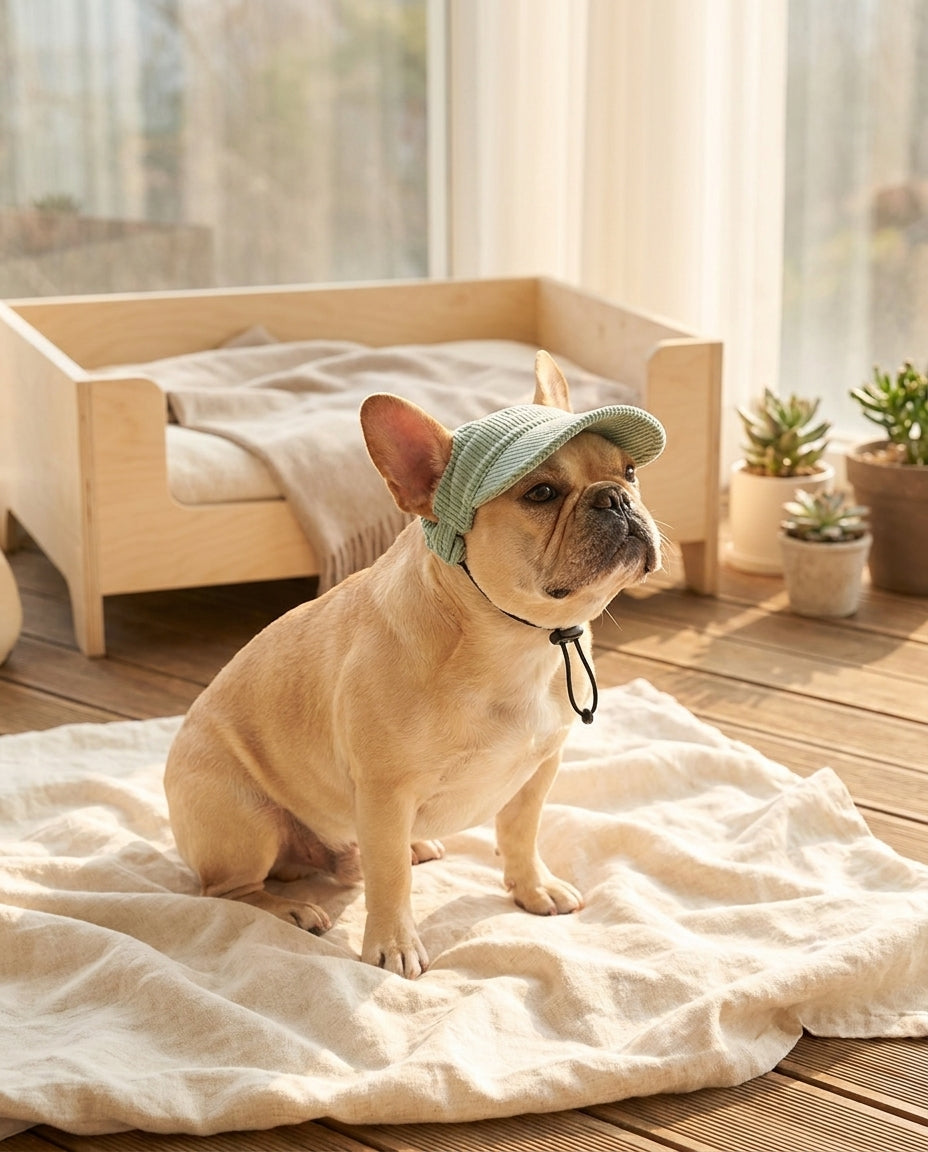 Cane con cappellino verde acqua in un giardino estivo