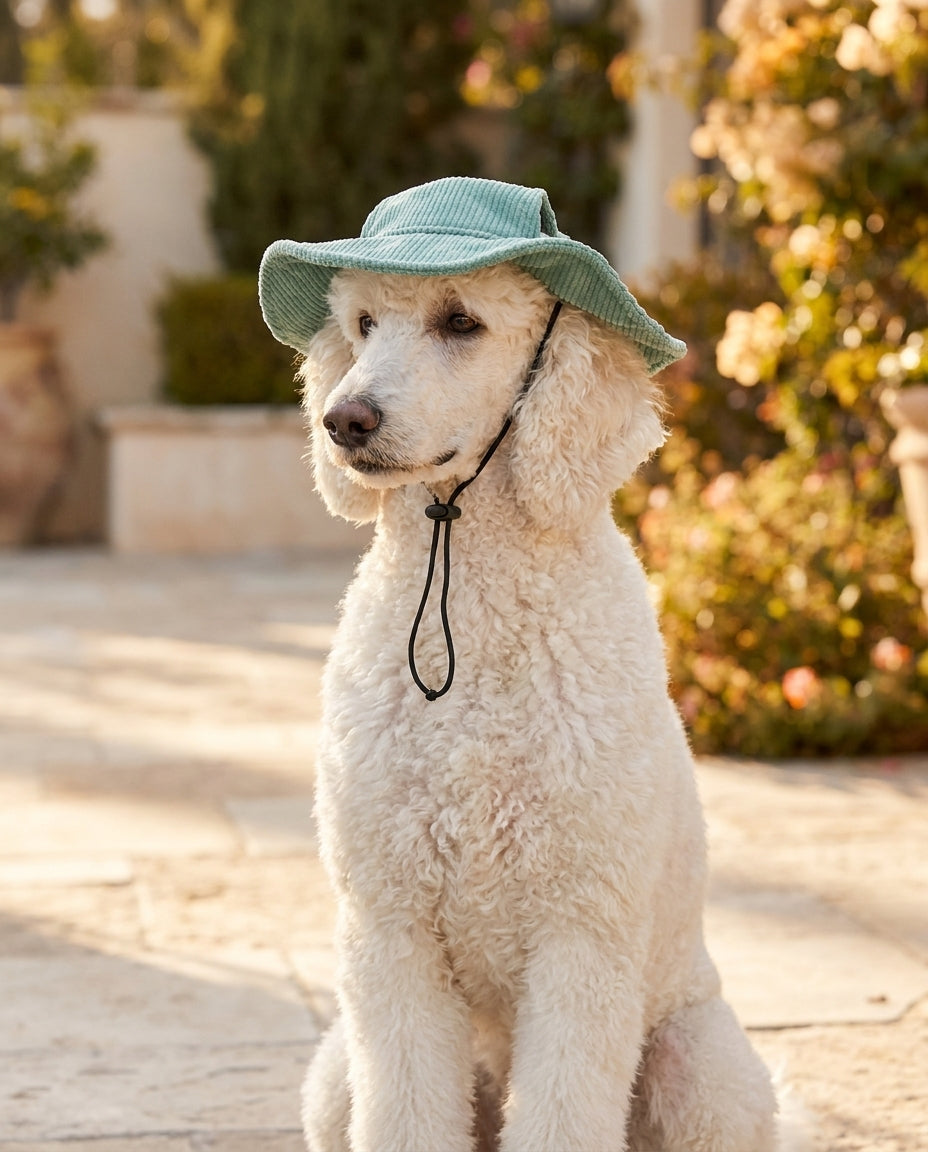 Barboncino con cappellino da sole verde in giardino