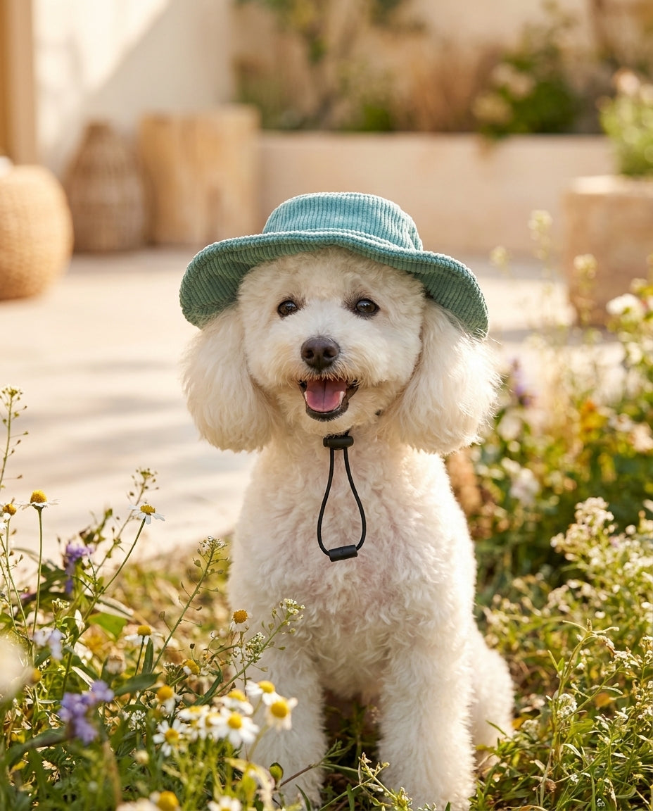 Cane con cappellino verde tra i fiori di un giardino estivo
