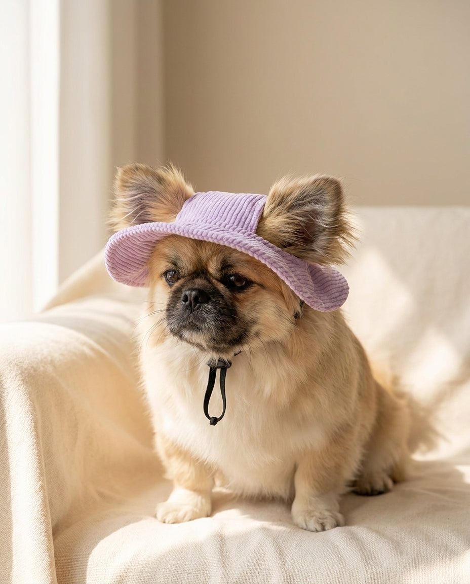 Ritratto ravvicinato di cane con cappellino da sole viola