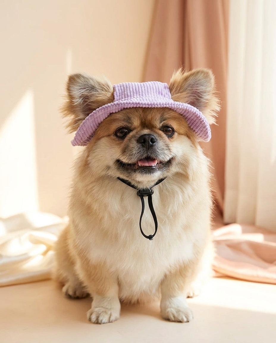 Cane con cappellino da sole viola a tesa larga