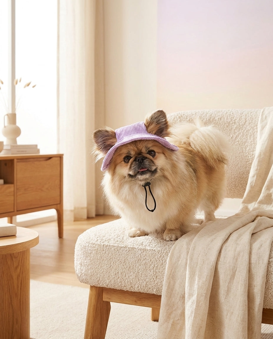 Cane con cappellino viola durante una passeggiata estiva