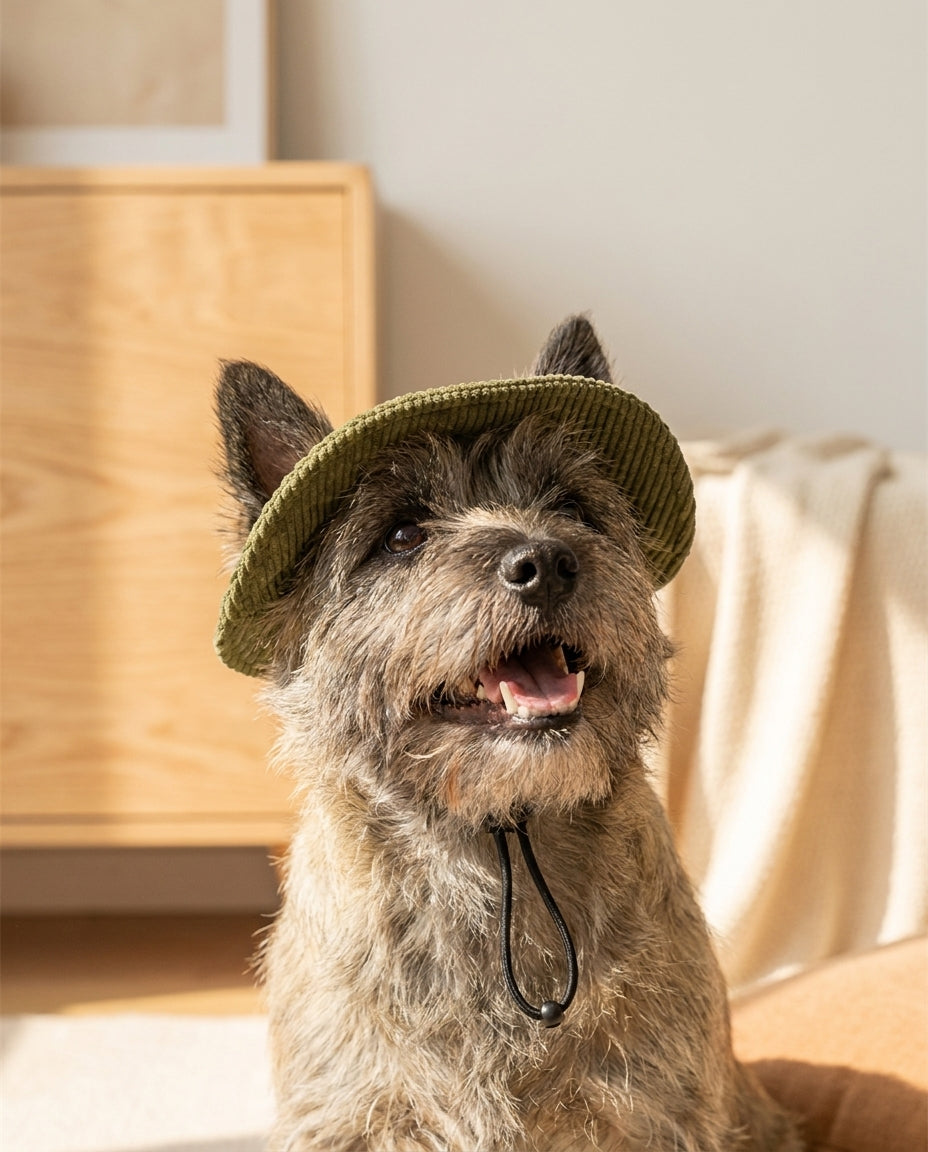 Ritratto ravvicinato di cane con cappellino da sole verde militare