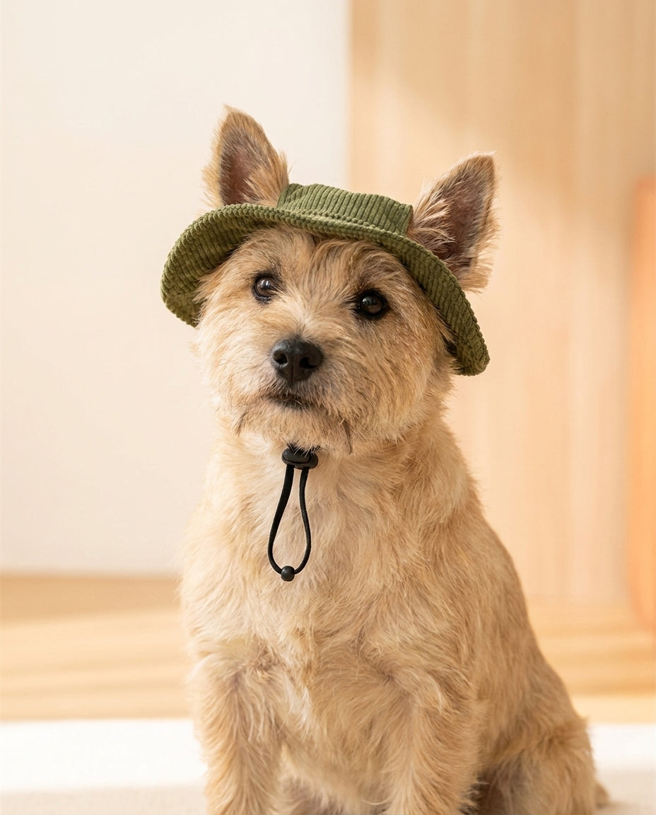 Cane con cappellino da sole verde militare a tesa larga