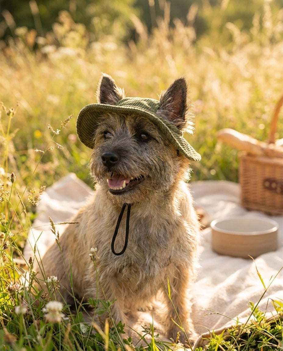 Cane con cappellino verde militare durante una passeggiata estiva