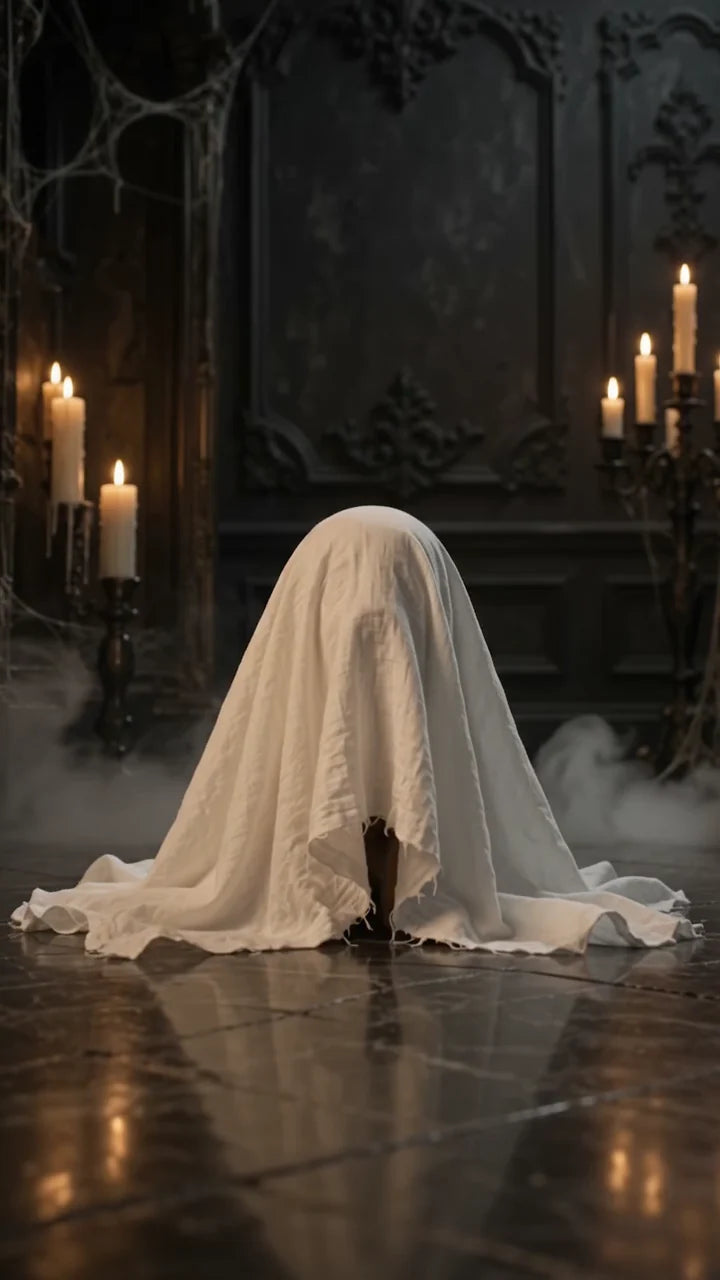 Brown toy poodle covered by a white ghost sheet in a candlelit room